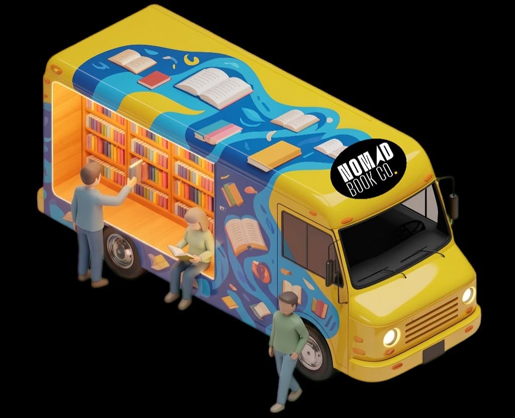 Nomad Book Co. bookmobile illustration with visitors browsing and reading at the mobile library